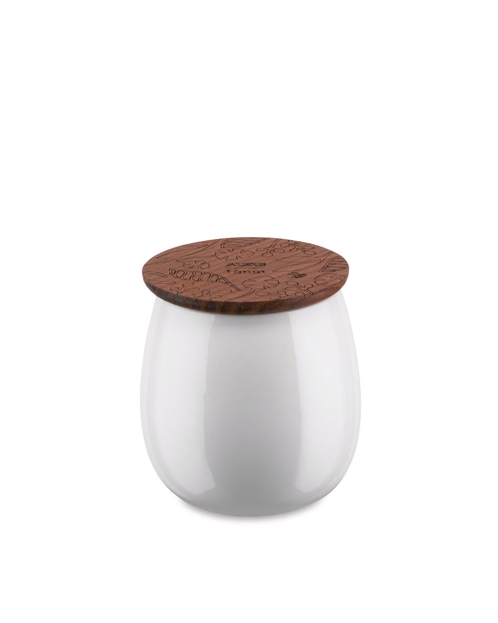 White glossy ceramic jar by Alessi with a brown wooden lid engraved with delicate botanical patterns.