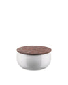 White ceramic jar by Alessi with a brown wooden lid featuring intricate botanical patterns.