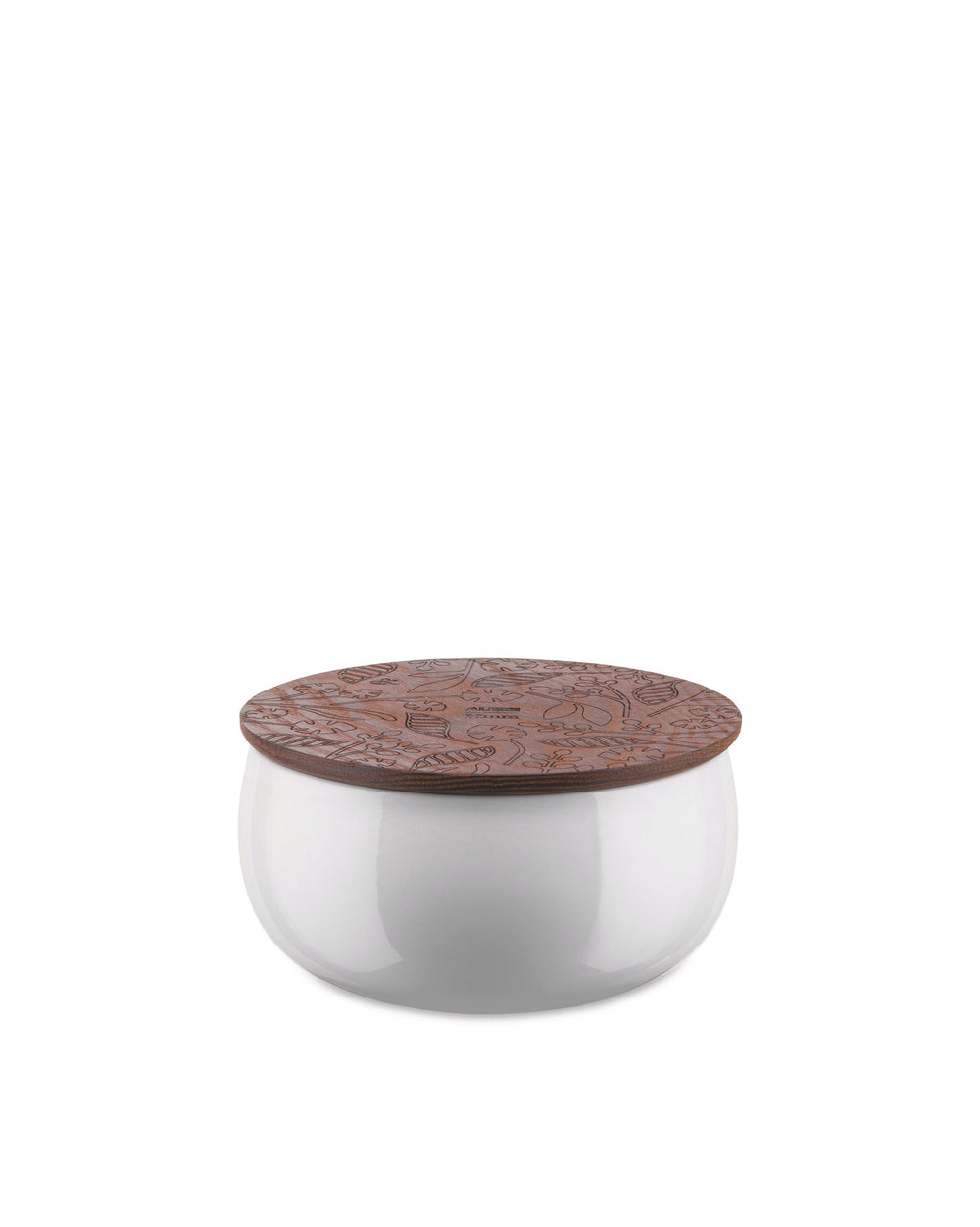 White ceramic jar by Alessi with a brown wooden lid featuring intricate botanical patterns.