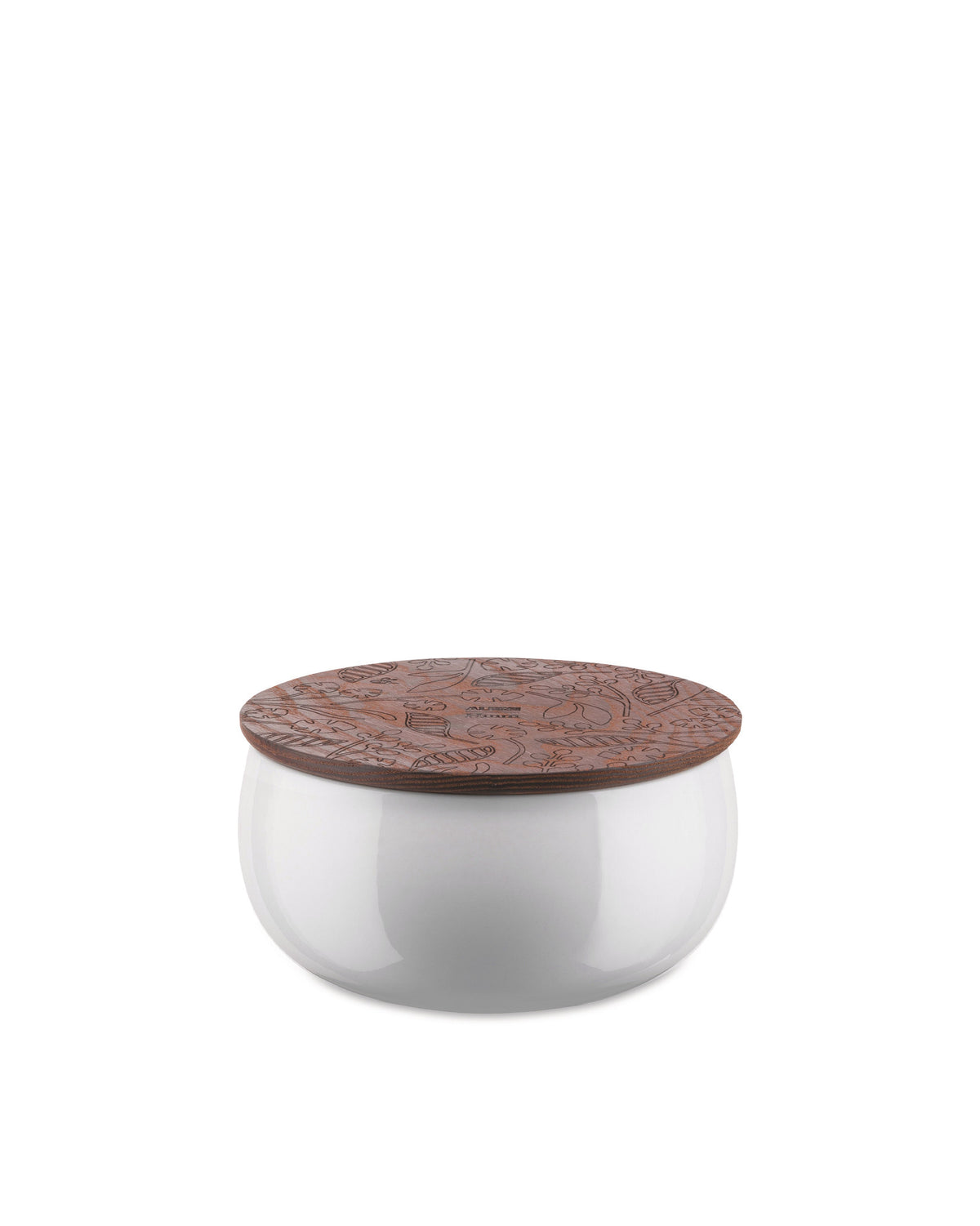 White ceramic jar by Alessi with a brown wooden lid featuring intricate botanical patterns.