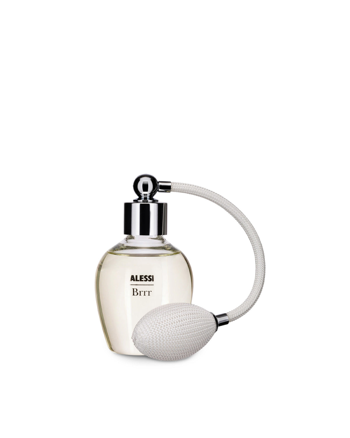 Clear glass perfume bottle by Alessi, with a chrome top and a white bulb atomizer with a braided hose, labeled 'Brrr'.