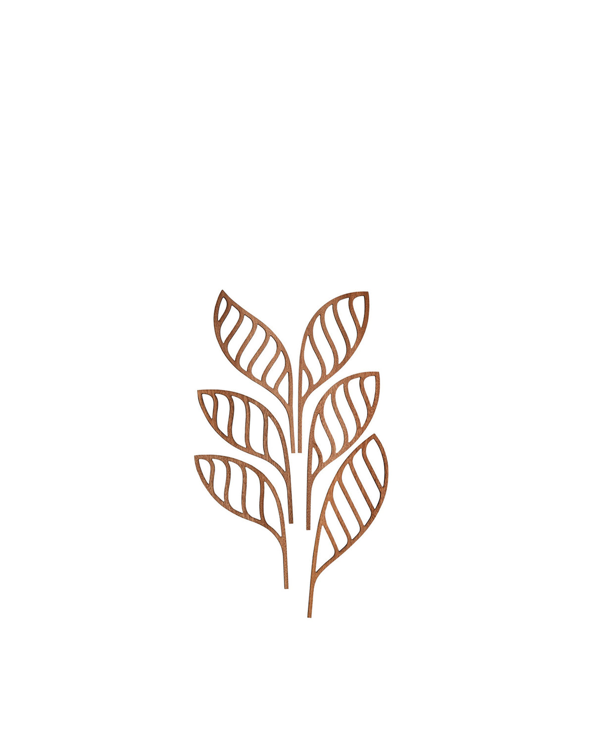Wooden decorative plant by Alessi with five stylized leaves featuring wavy cutouts on a white background.