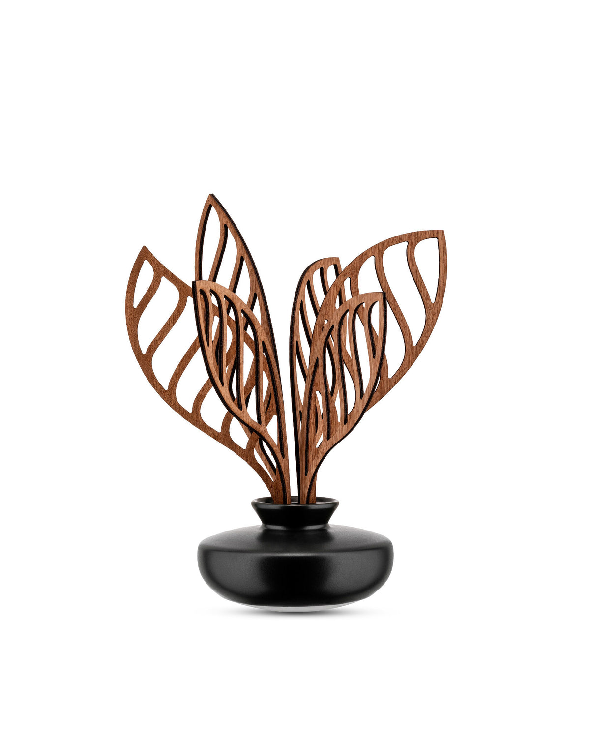 Modern decorative diffuser by Alessi featuring a matte black base and brown abstract wooden leaves.