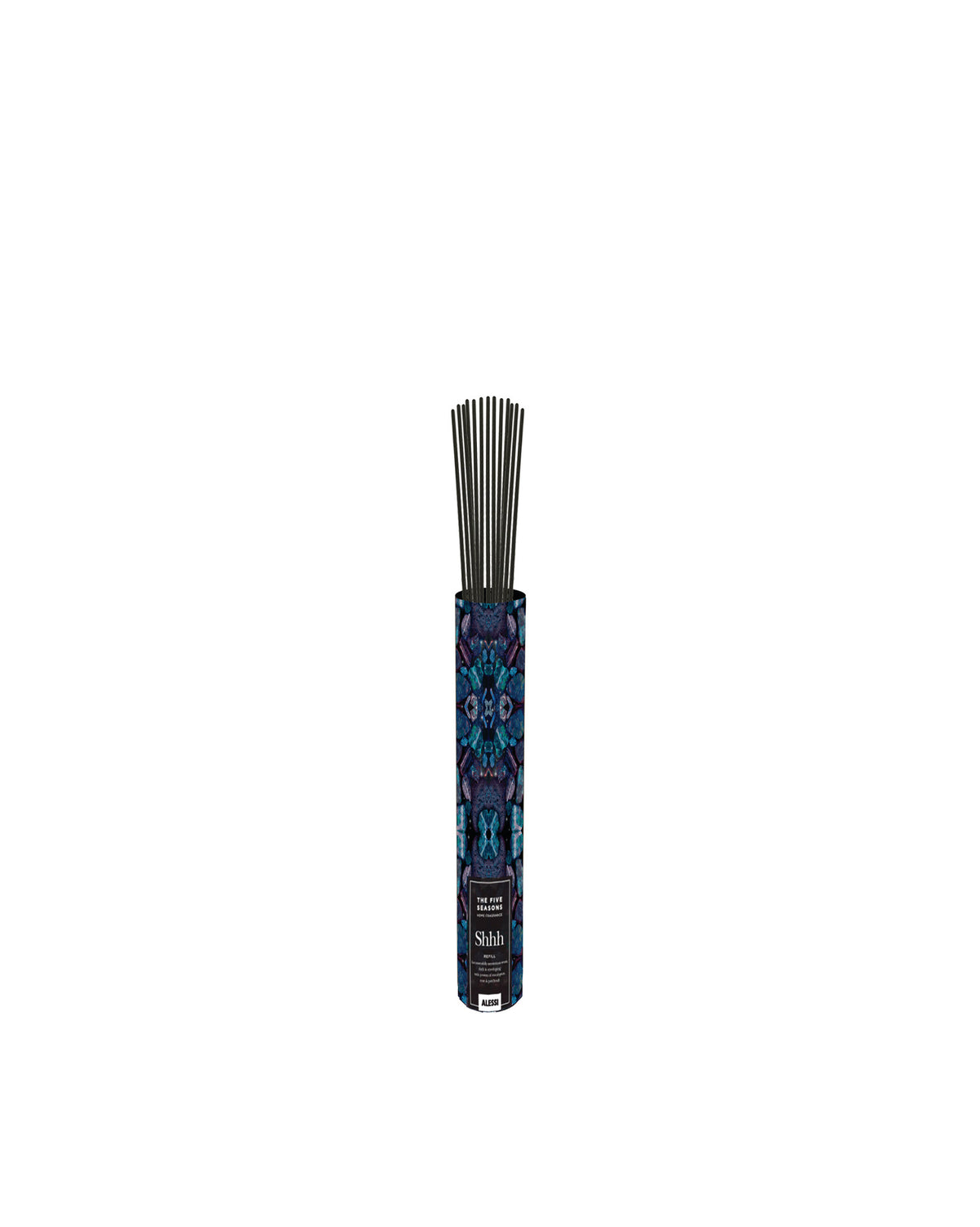 Lily home fragrance diffuser refill by Alessi in a dark blue and purple patterned cylindrical holder with black diffuser reeds.