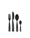 Matte black 4-piece cutlery set by Alessi, with an ornate raised pattern on the knife handle.