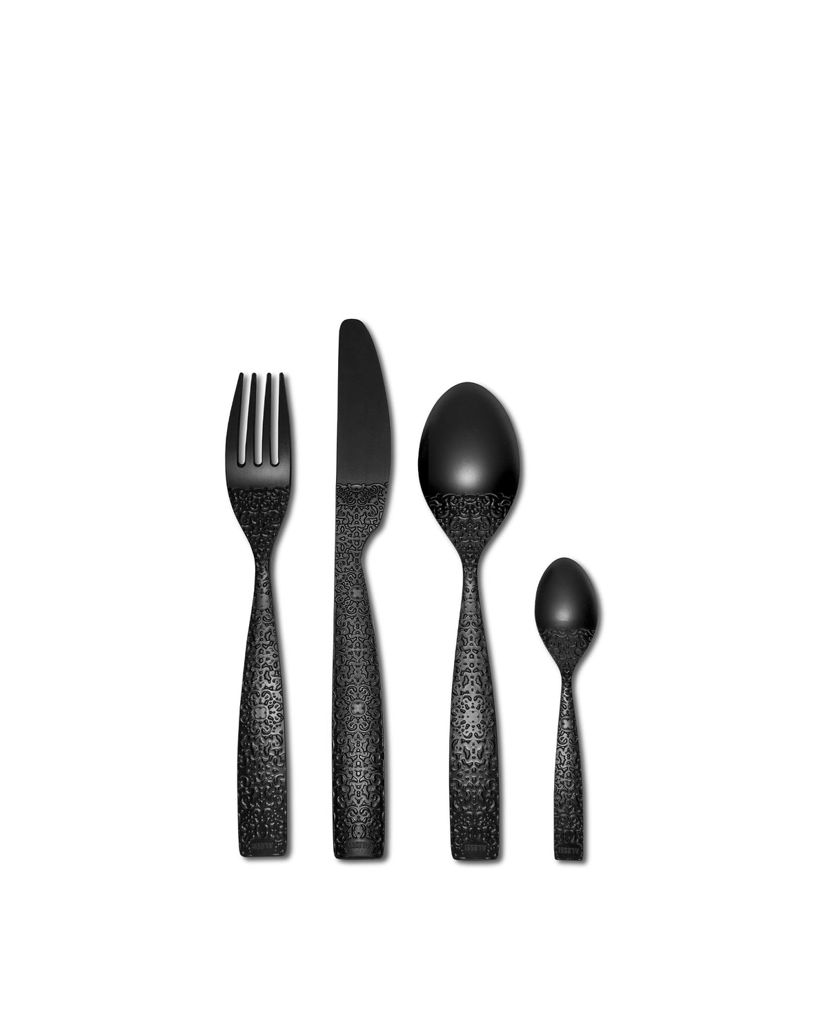 Black cutlery set by Alessi featuring intricate embossed patterns on handles, displayed upright.