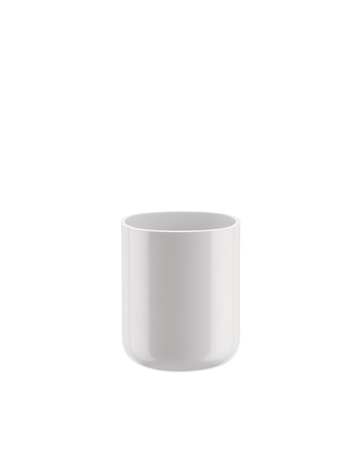 White cylindrical holder by Alessi, smooth with a minimalist design and rounded base.