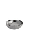 Silver metal bowl by Alessi with a reflective wavy etched pattern and a small gold 'ITALY' accent.