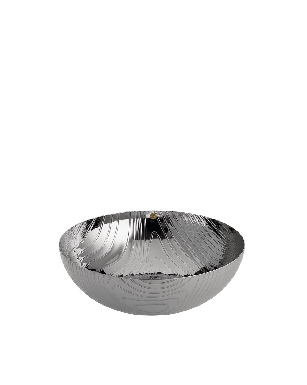 Silver metal bowl by Alessi with a reflective wavy etched pattern and a small gold 'ITALY' accent.