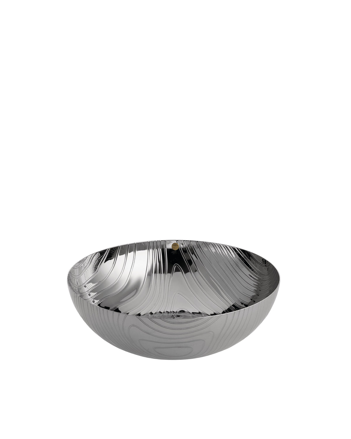 Silver metal bowl by Alessi with a reflective wavy etched pattern and a small gold 'ITALY' accent.