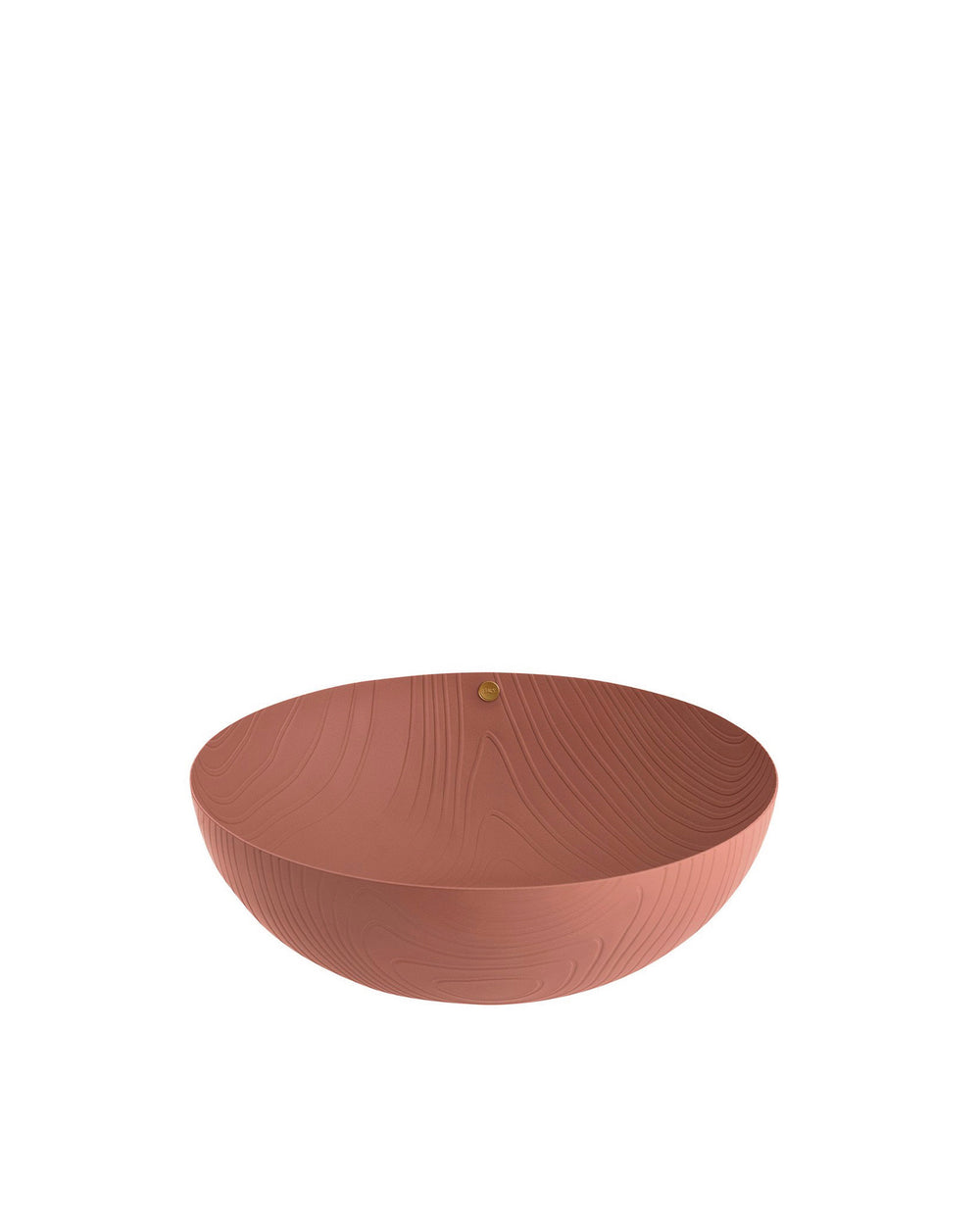 Terracotta bowl with wood-grain texture by Alessi, featuring a small gold accent on the rim.