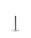 Brushed stainless steel single stem vase by Alessi, featuring a cylindrical body and flat circular base.