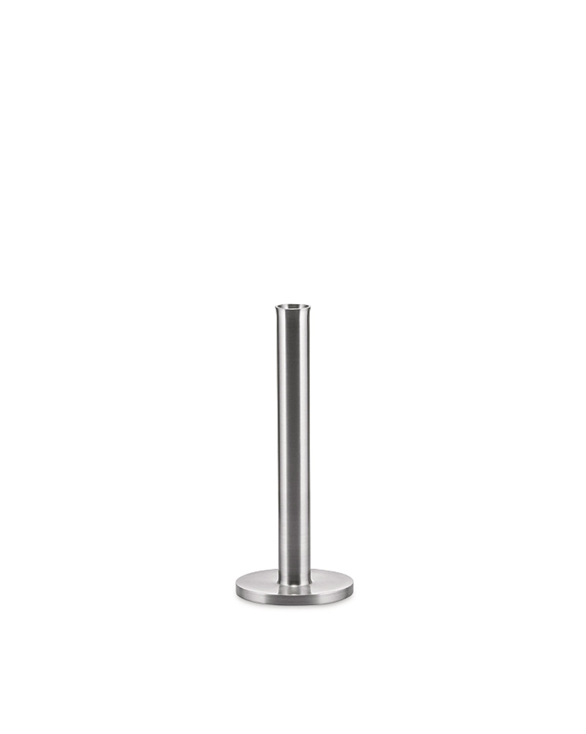 Brushed stainless steel single stem vase by Alessi, featuring a cylindrical body and flat circular base.