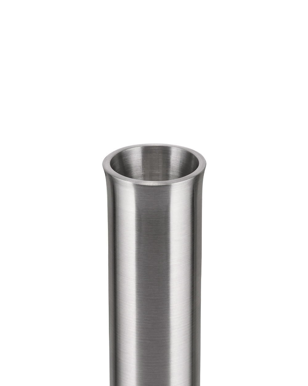 Brushed metal cylinder by Alessi with a subtly flared rim and vertical texture.