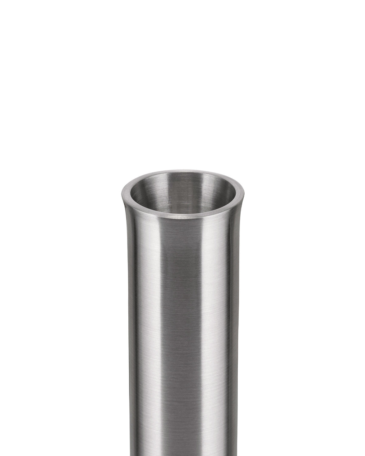 Brushed metal cylinder by Alessi with a subtly flared rim and vertical texture.