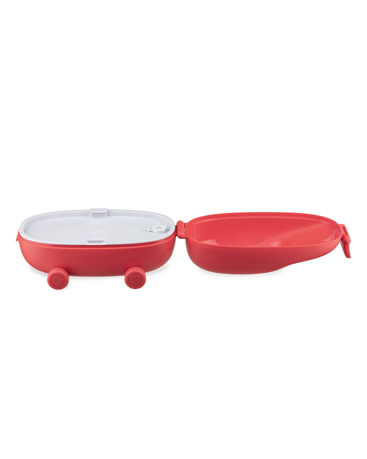 Red Food à porter food container by Alessi, open to reveal a white internal lid and a separate top lid, with two small wheels on the base.