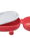 Red plastic portable food container by Alessi with a partially open white lid, hinge, and small wheel.