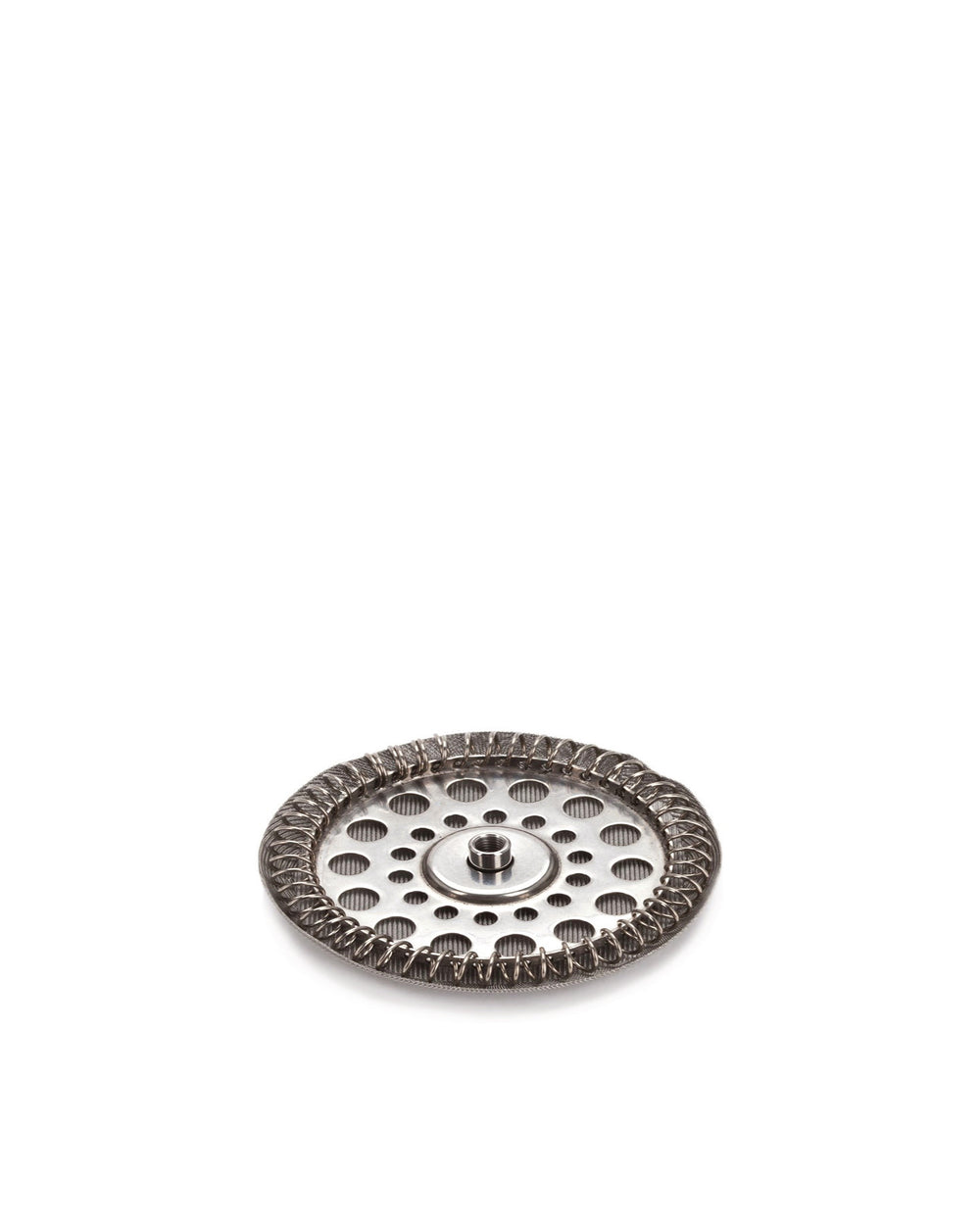 Silver metal French press filter by Alessi, featuring a perforated disk, mesh, and coiled spring edge.