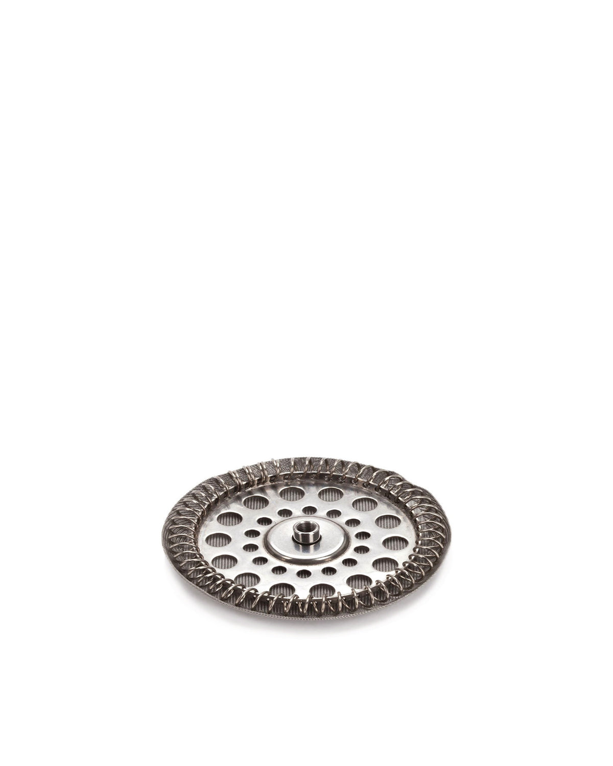 Silver metal French press filter by Alessi, featuring a perforated disk, mesh, and coiled spring edge.