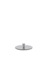 Round silver perforated metal spare part by Alessi, featuring a central bolt, subtly reflecting light on a white background.