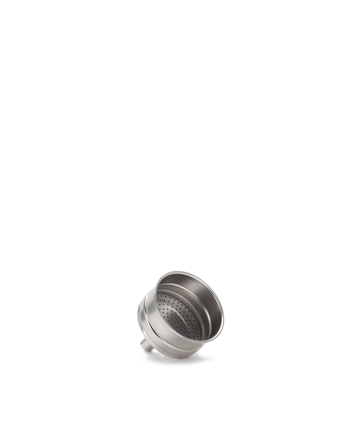 Silver stainless steel perforated funnel spare part by Alessi, angled on a white background.