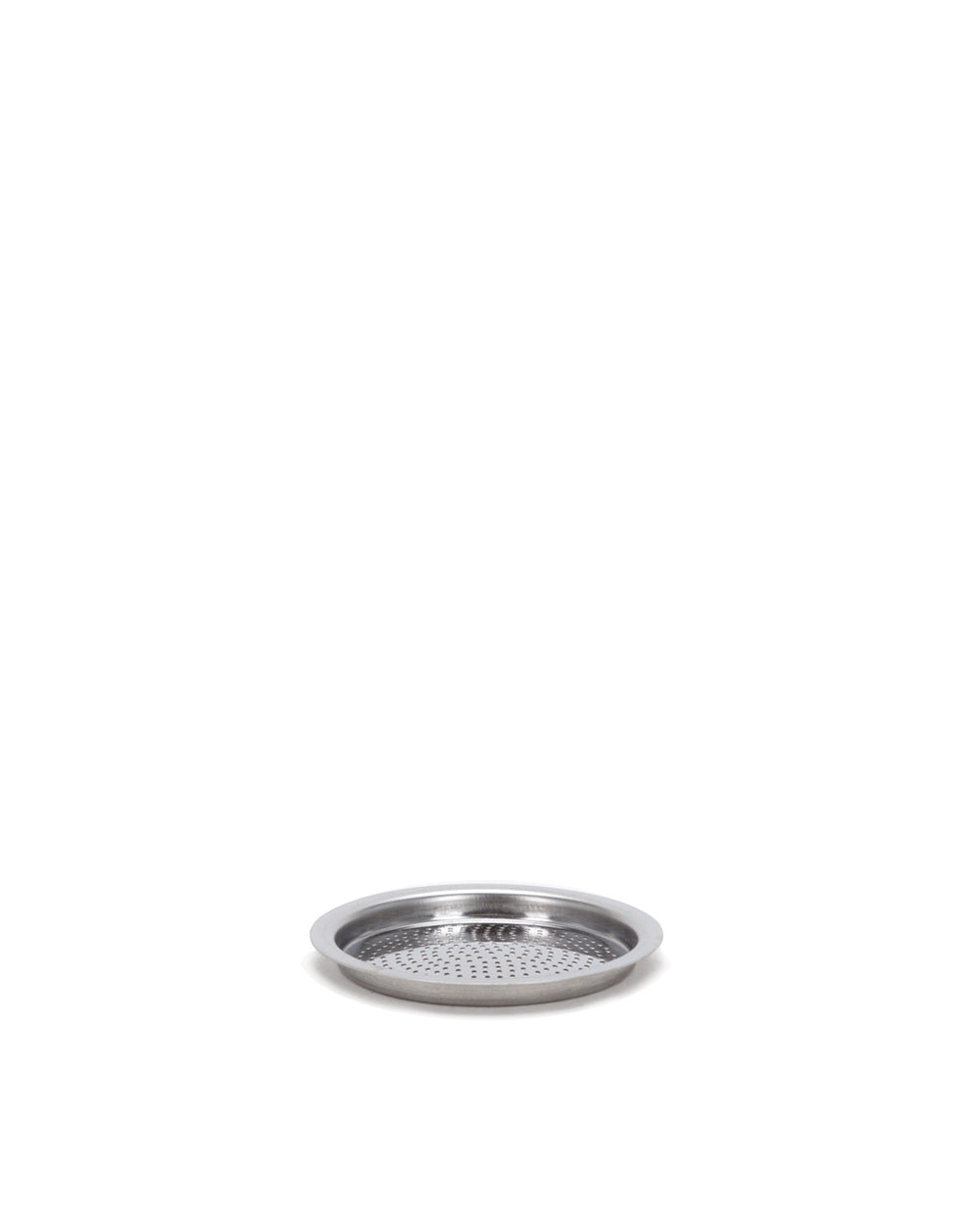 Round perforated metal filter by Alessi, silver, with a raised rim.