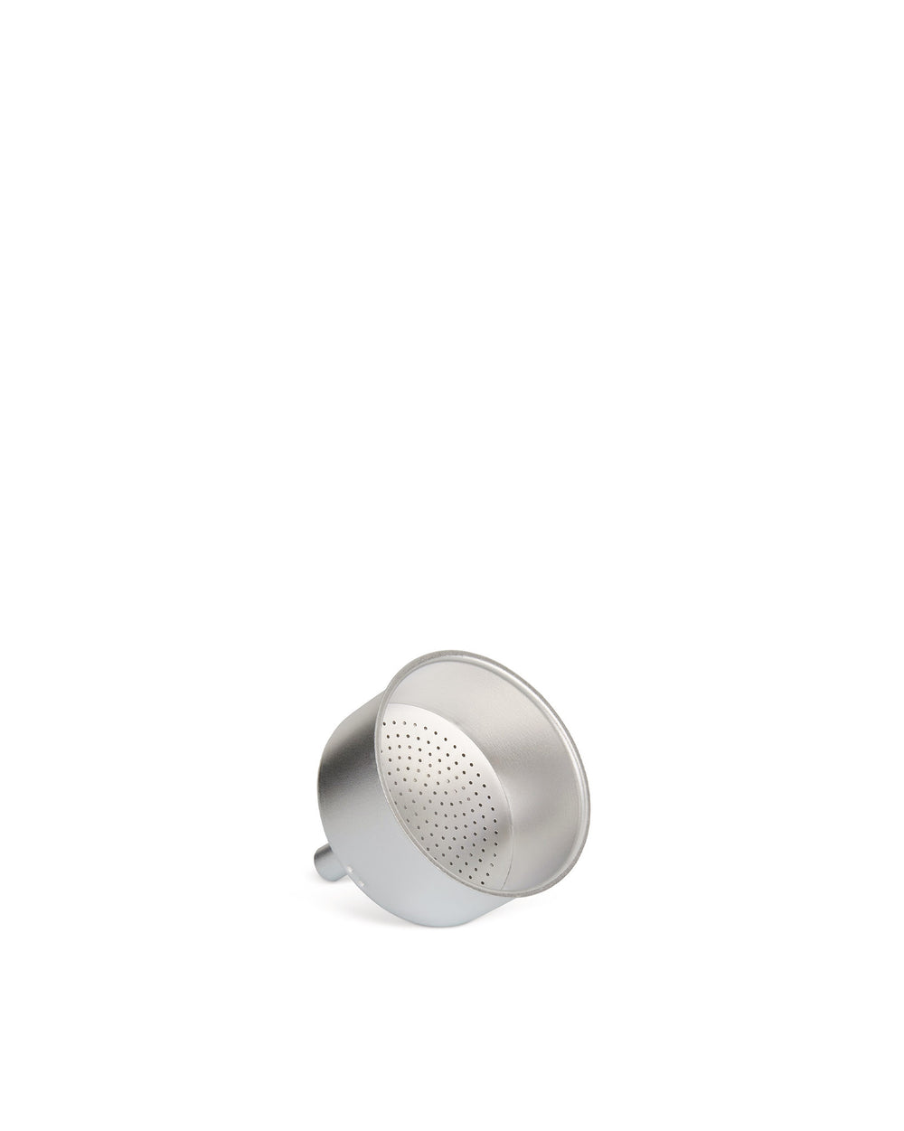 Silver metal coffee maker filter by Alessi with a perforated base, shown at an angle.