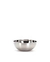 Brushed stainless steel component by Alessi, a shallow, round bowl reflecting light, centered on a white background.