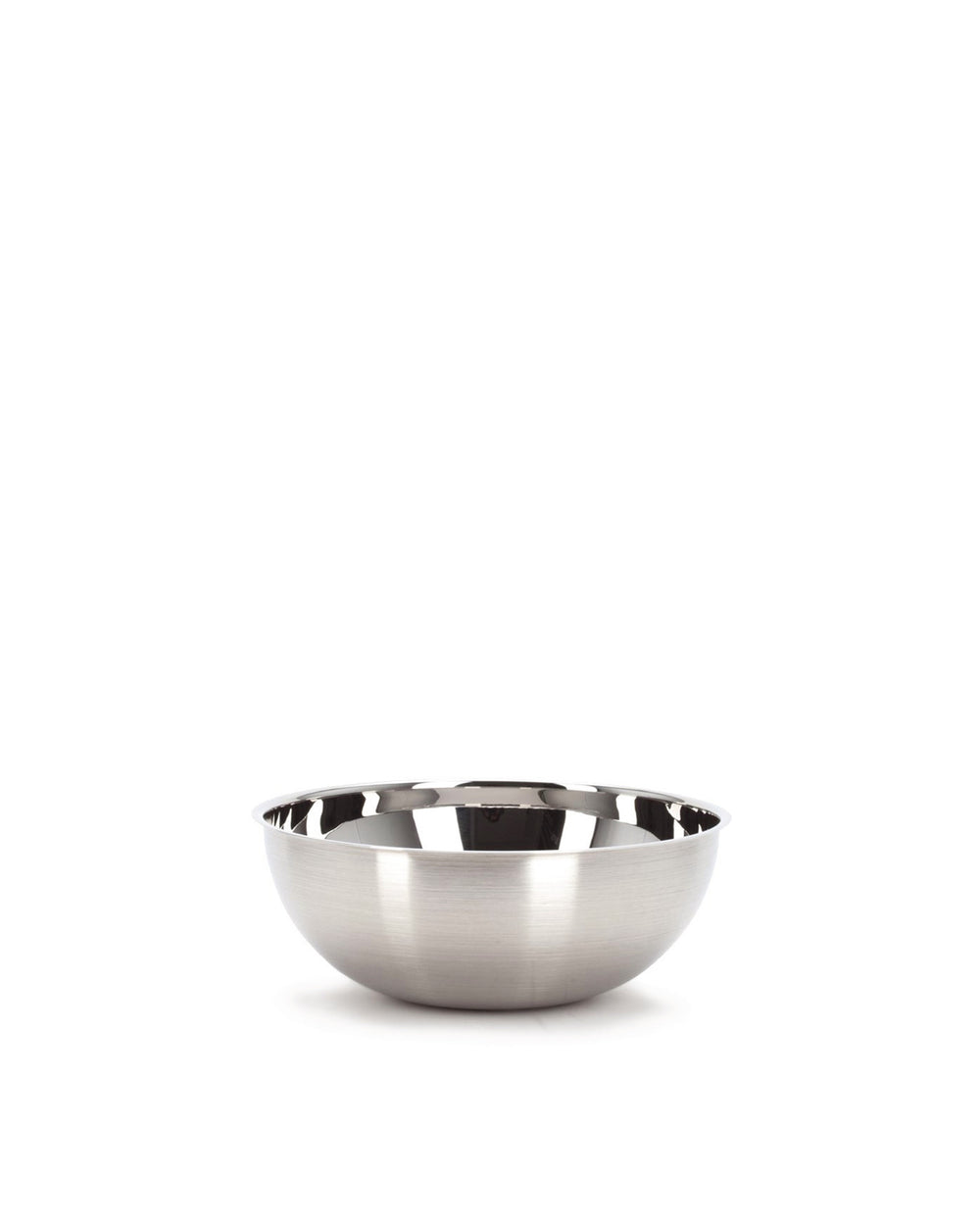 Brushed stainless steel component by Alessi, a shallow, round bowl reflecting light, centered on a white background.