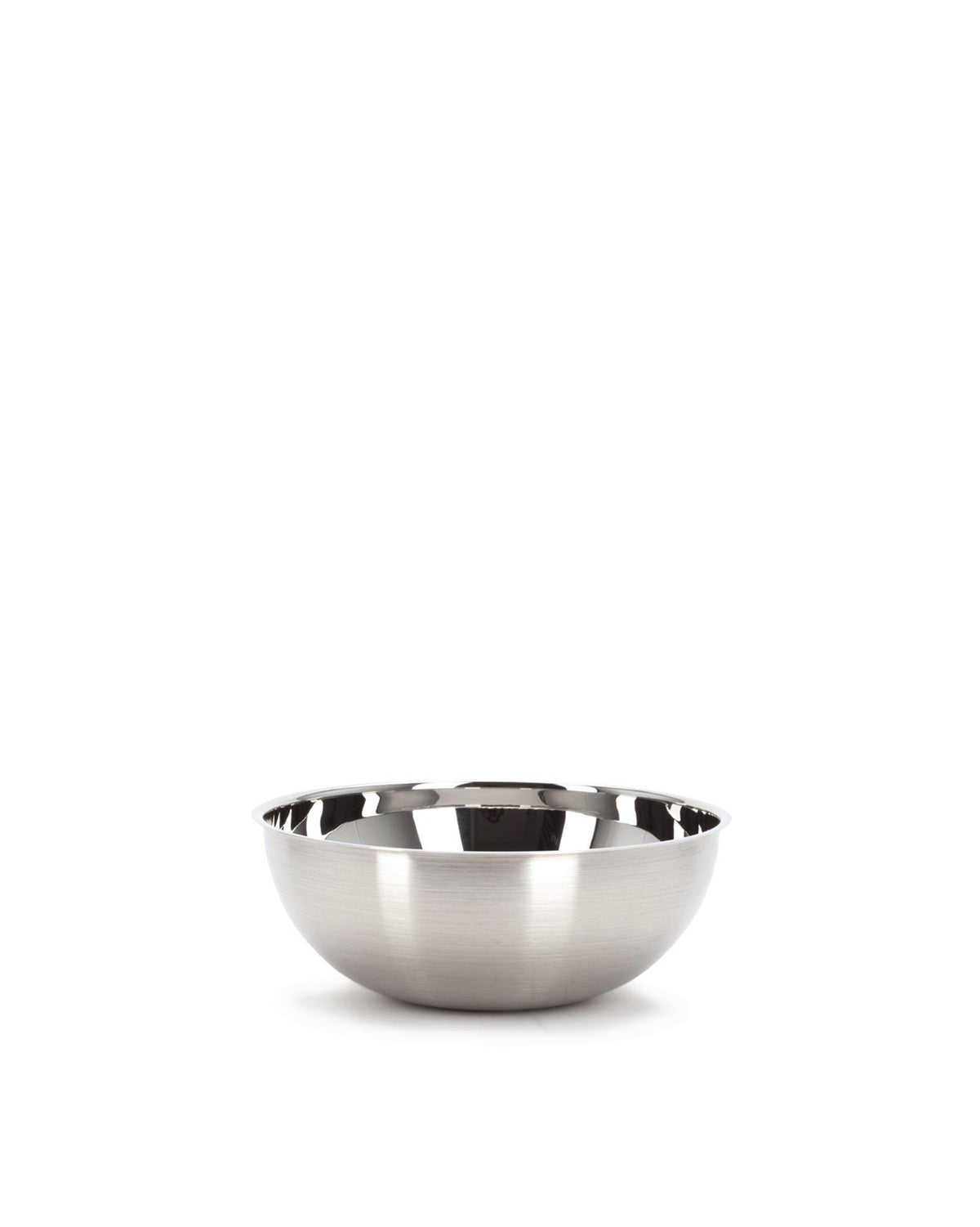Brushed stainless steel component by Alessi, a shallow, round bowl reflecting light, centered on a white background.