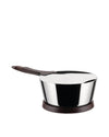 Shiny stainless steel pasta pot by Alessi, with a long brown handle and matching base, viewed at an angle.