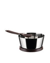 Silver stainless steel Pasta Pot by Alessi with a brown base and a matching spoon resting inside.