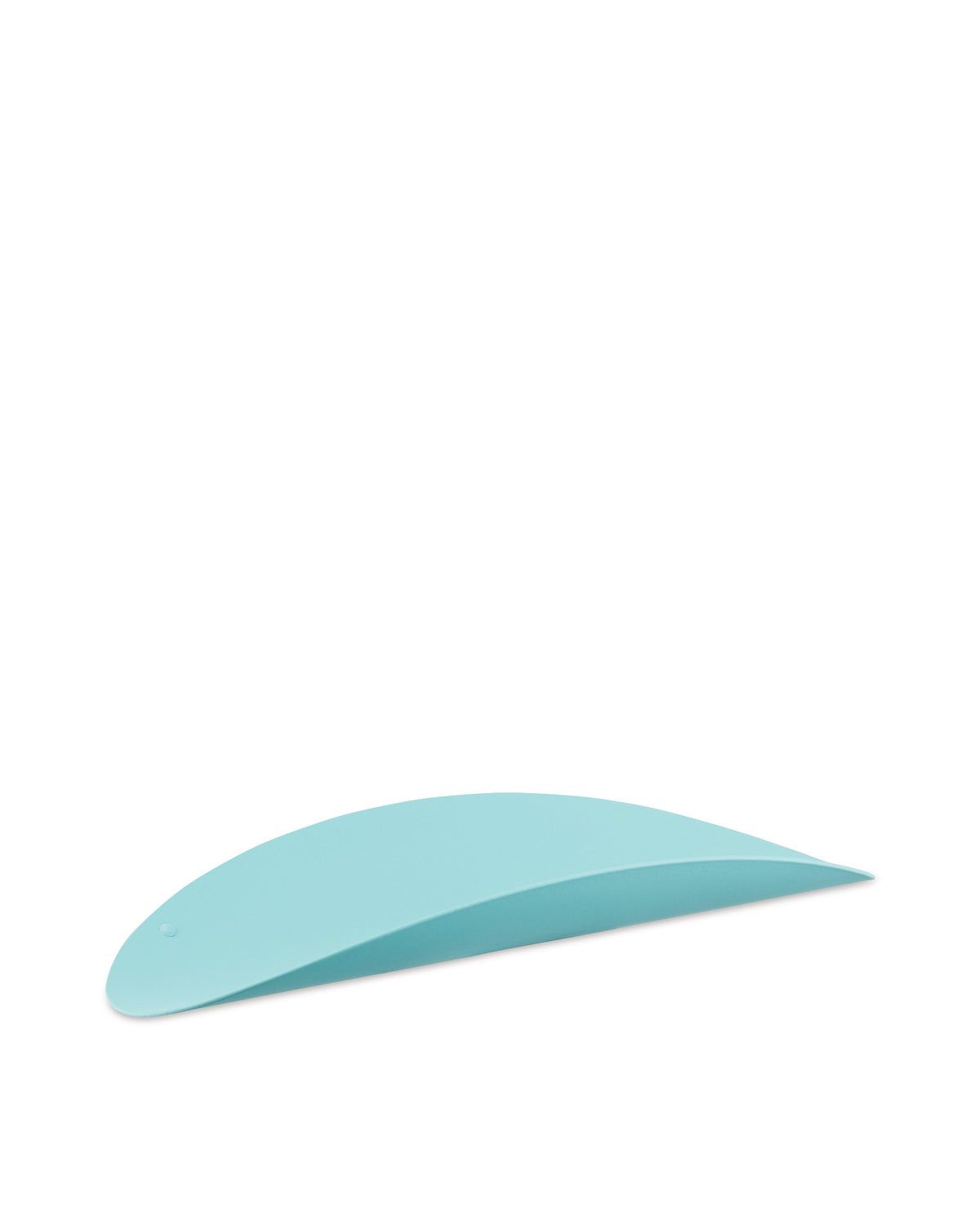 Aqua curved Ellipse by Alessi with a subtle circular indentation, captured from an angle.