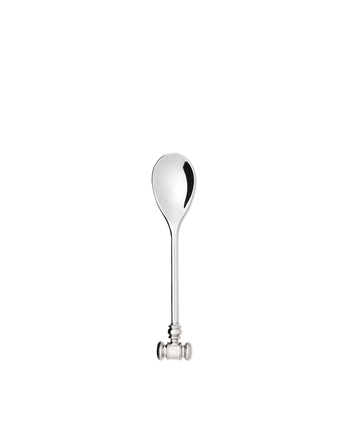 Silver spoon by Alessi with a decorative handle shaped like a gavel.