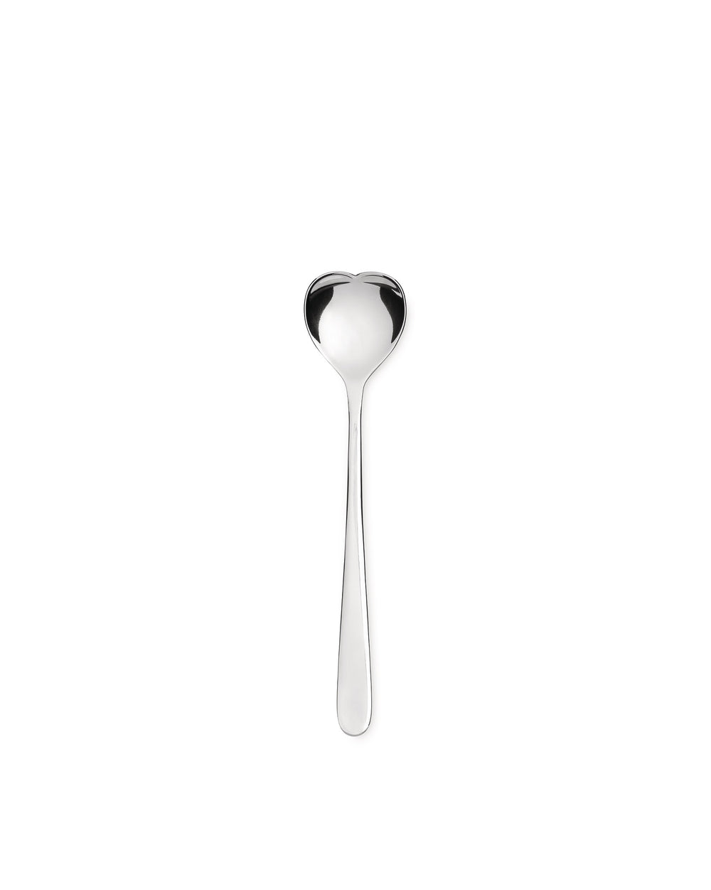 Silver heart-shaped spoon by Alessi with a polished finish, centered on white.