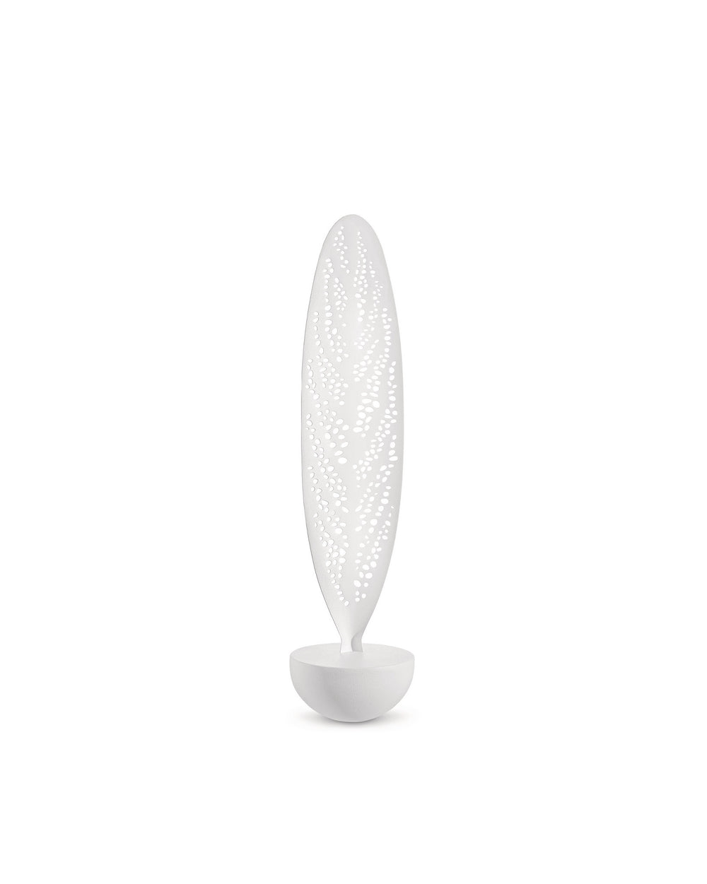 White leaf-shaped decorative object by Alessi, with an intricate perforated pattern and a round base.