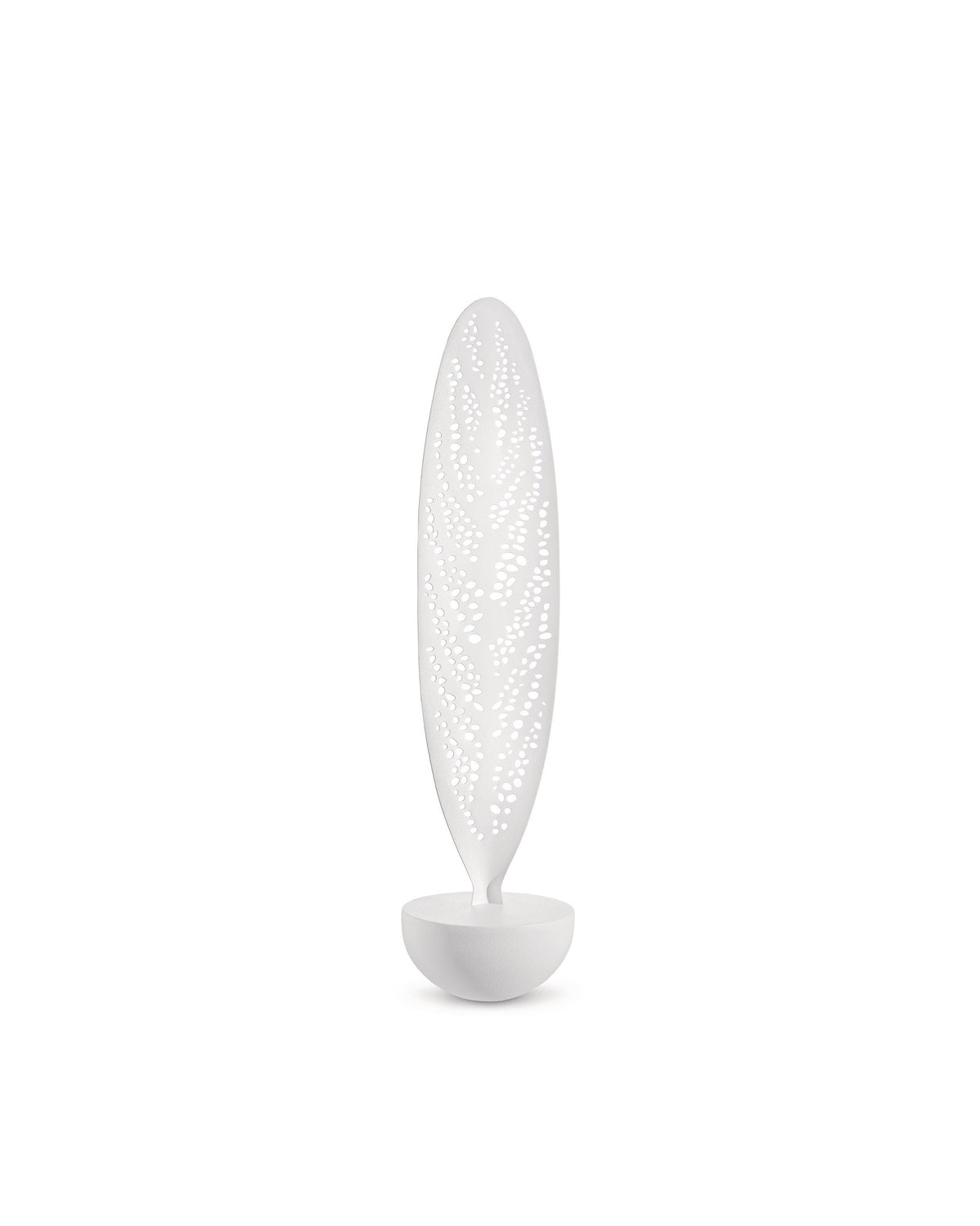 White leaf-shaped decorative object by Alessi, with an intricate perforated pattern and a round base.