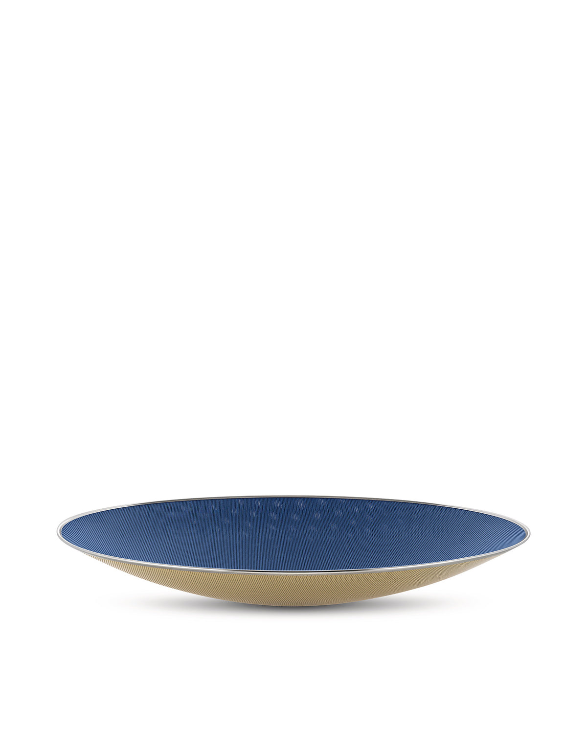 Elliptical decorative bowl with blue mesh interior by Alessi, featuring a tan woven exterior and silver rim.