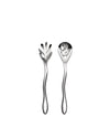 Silver serving utensils with organic Mediterraneo cutouts by Alessi, a fork and spoon on a white background.