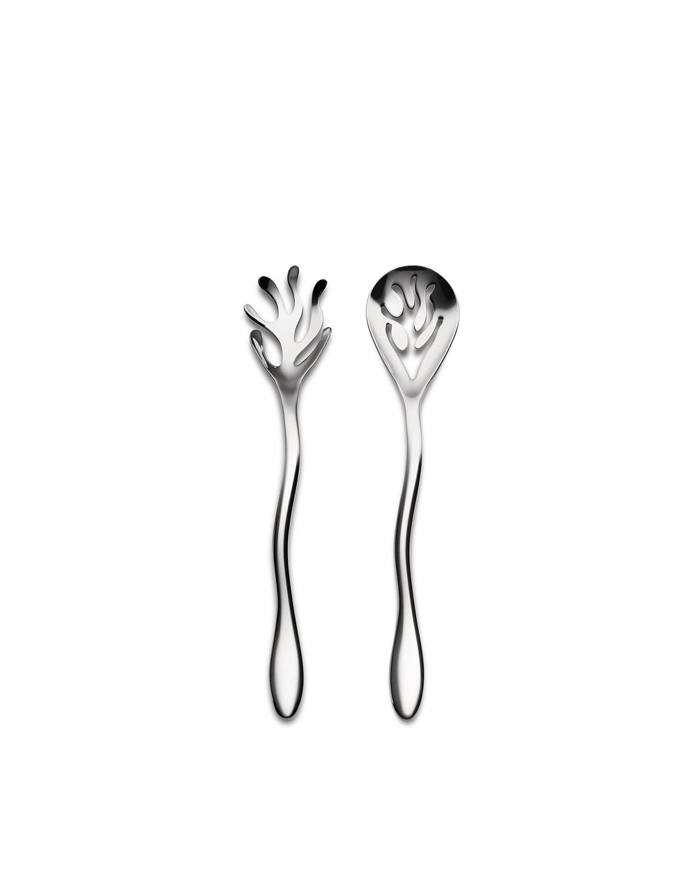 Silver serving utensils with organic Mediterraneo cutouts by Alessi, a fork and spoon on a white background.