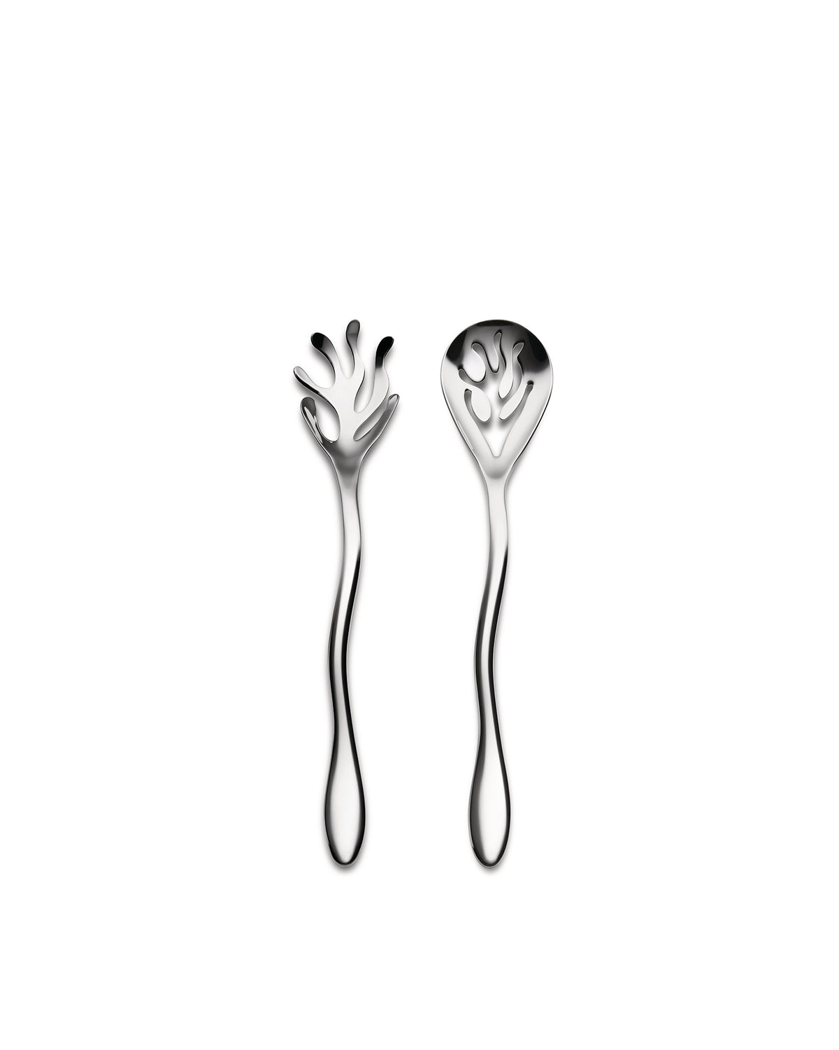 Silver serving utensils with organic Mediterraneo cutouts by Alessi, a fork and spoon on a white background.