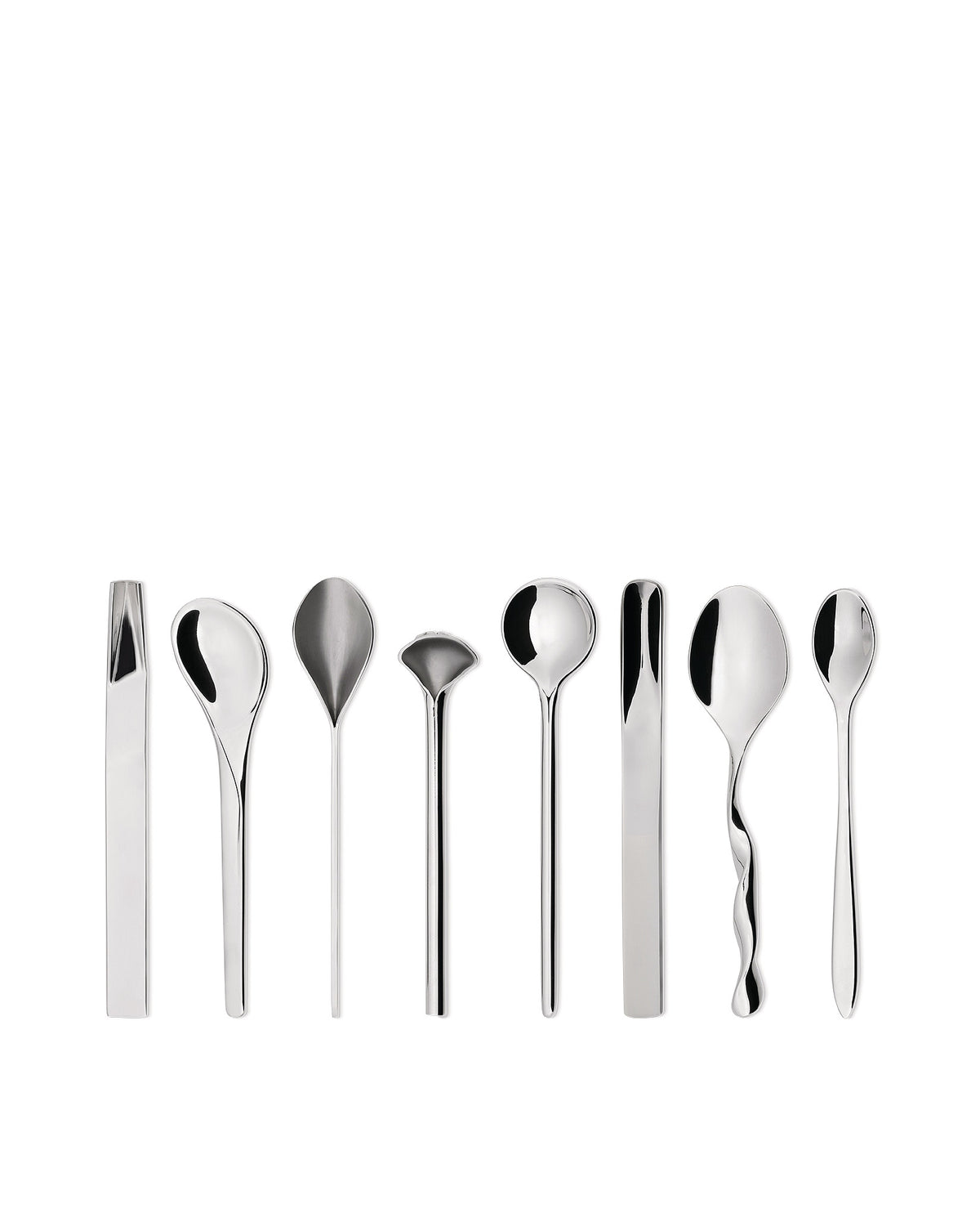Eight polished silver metal spoons by Alessi, each featuring a unique and modern sculptural design.