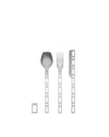 Silver flatware set by Alessi, featuring a spoon, fork, knife, and clip with circular handle cutouts.