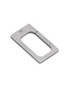 Silver rectangular metal utility clip by Alessi, with a spring-loaded gate and engraved logo, angled view.