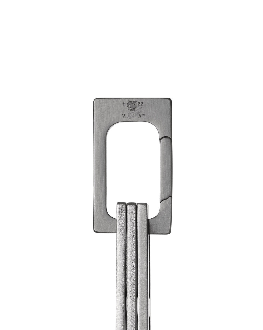 Brushed silver-toned metal occasional object by Alessi, rectangular with etched details, connecting to three vertical rods.