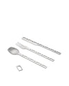 Metallic portable cutlery set by Alessi, featuring perforated handles and a small matching carabiner clip, on a white background.