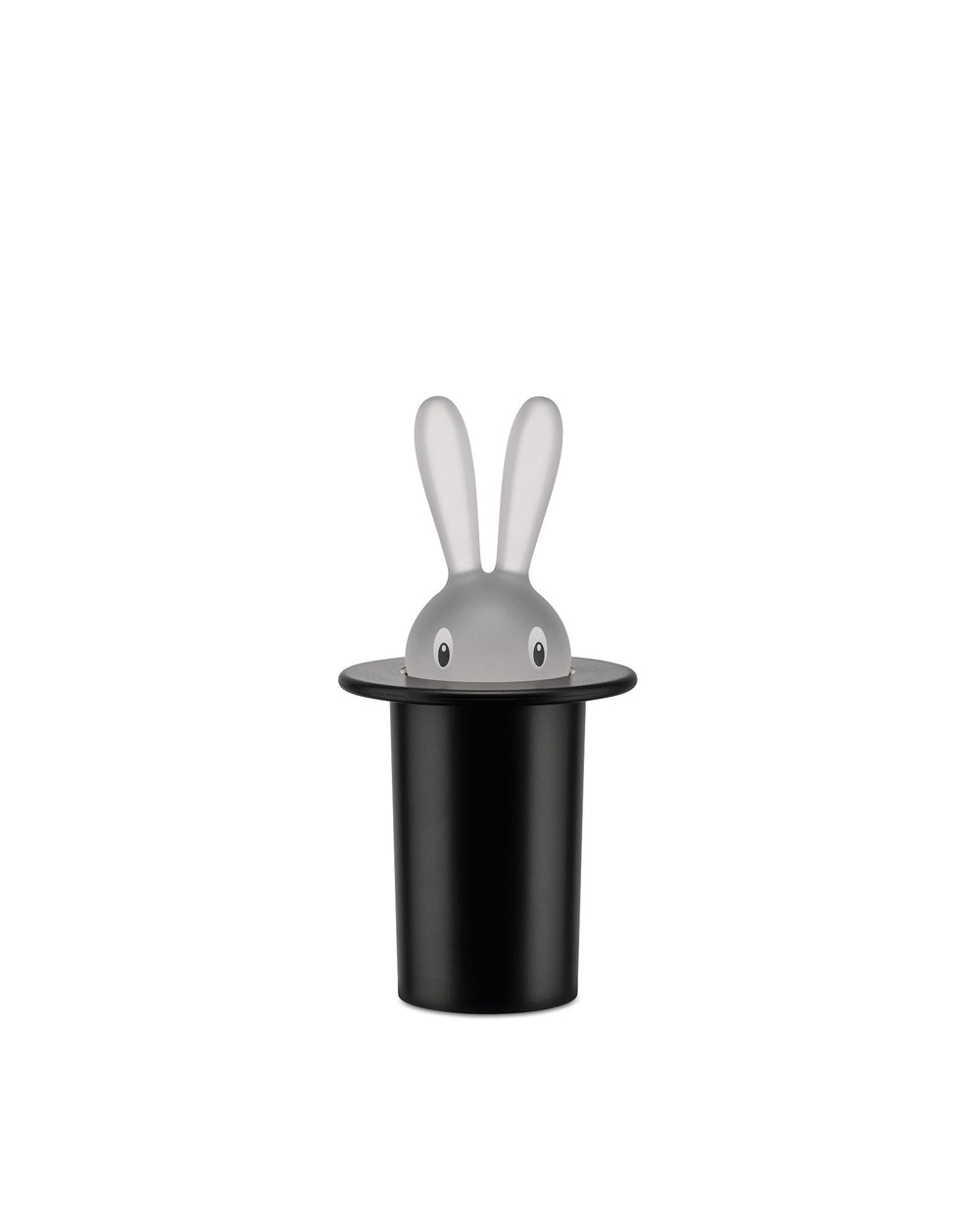 Magic Bunny, a grey figure by Alessi, peeking from a black top hat with frosted ears.