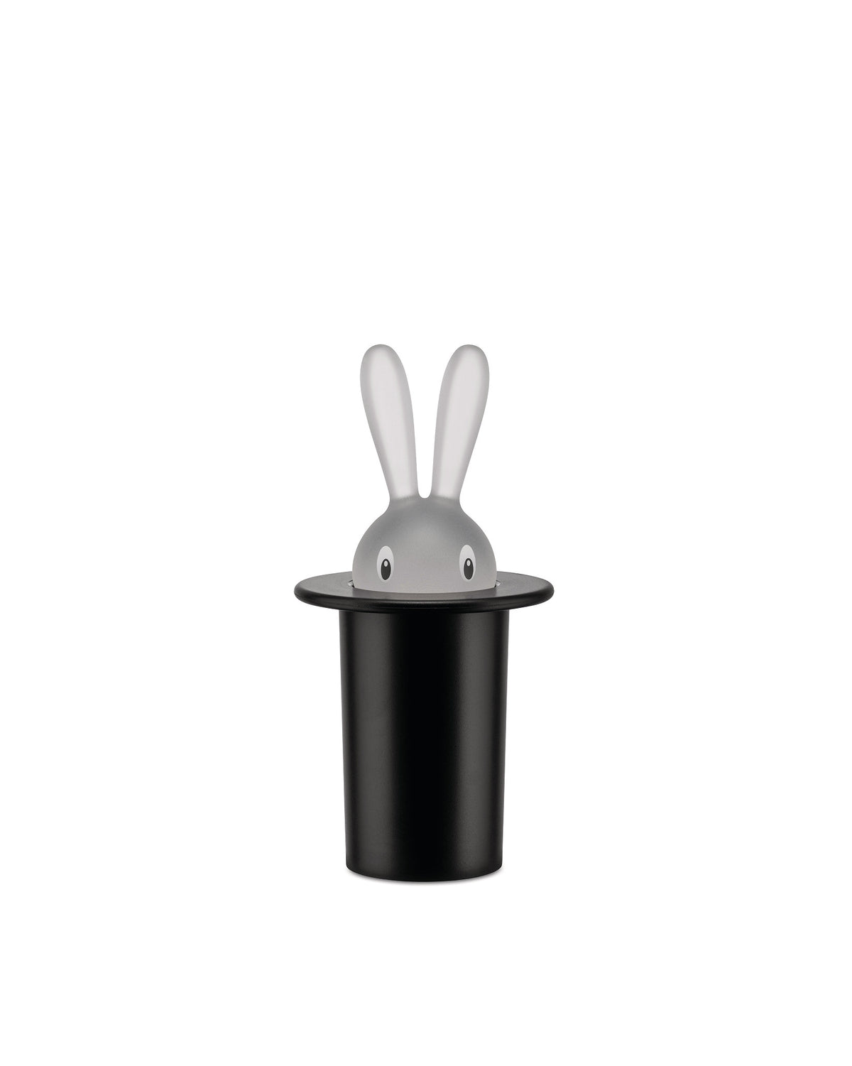 Magic Bunny, a grey figure by Alessi, peeking from a black top hat with frosted ears.