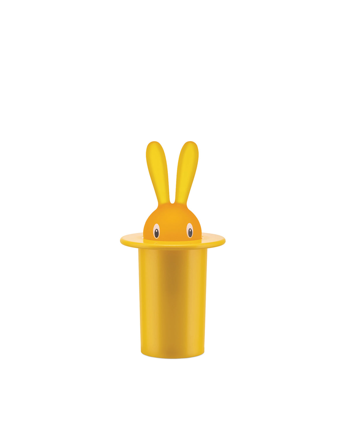 Orange bunny with yellow ears peeking from a yellow top hat by Alessi, with cartoon white eyes.