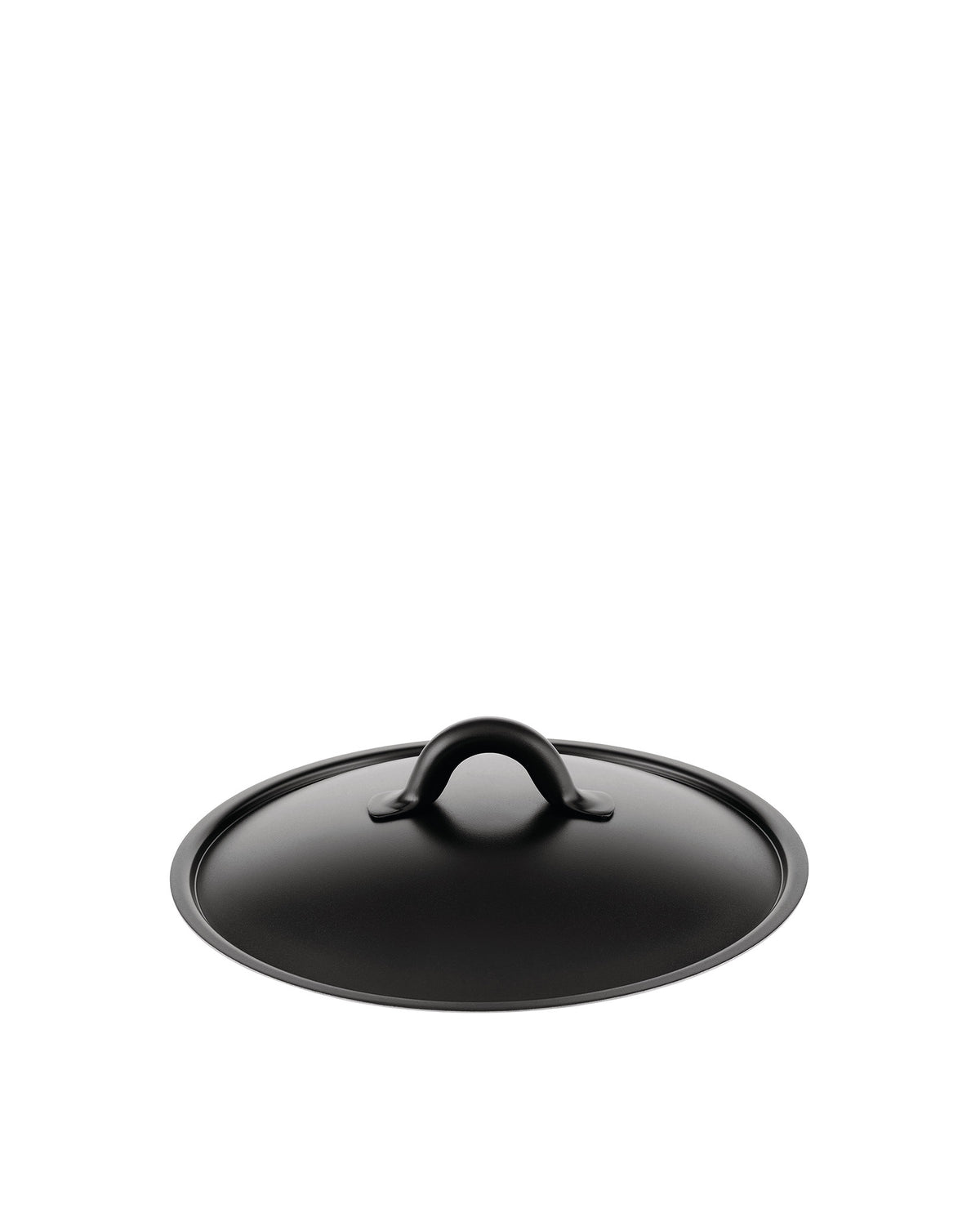 Black matte round pot lid by Alessi with a simple, curved central handle, angled on a white background.